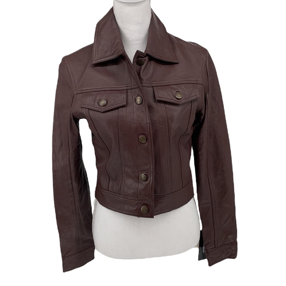 Nicole Miller Brown Genuine Leather Cropped Jacket